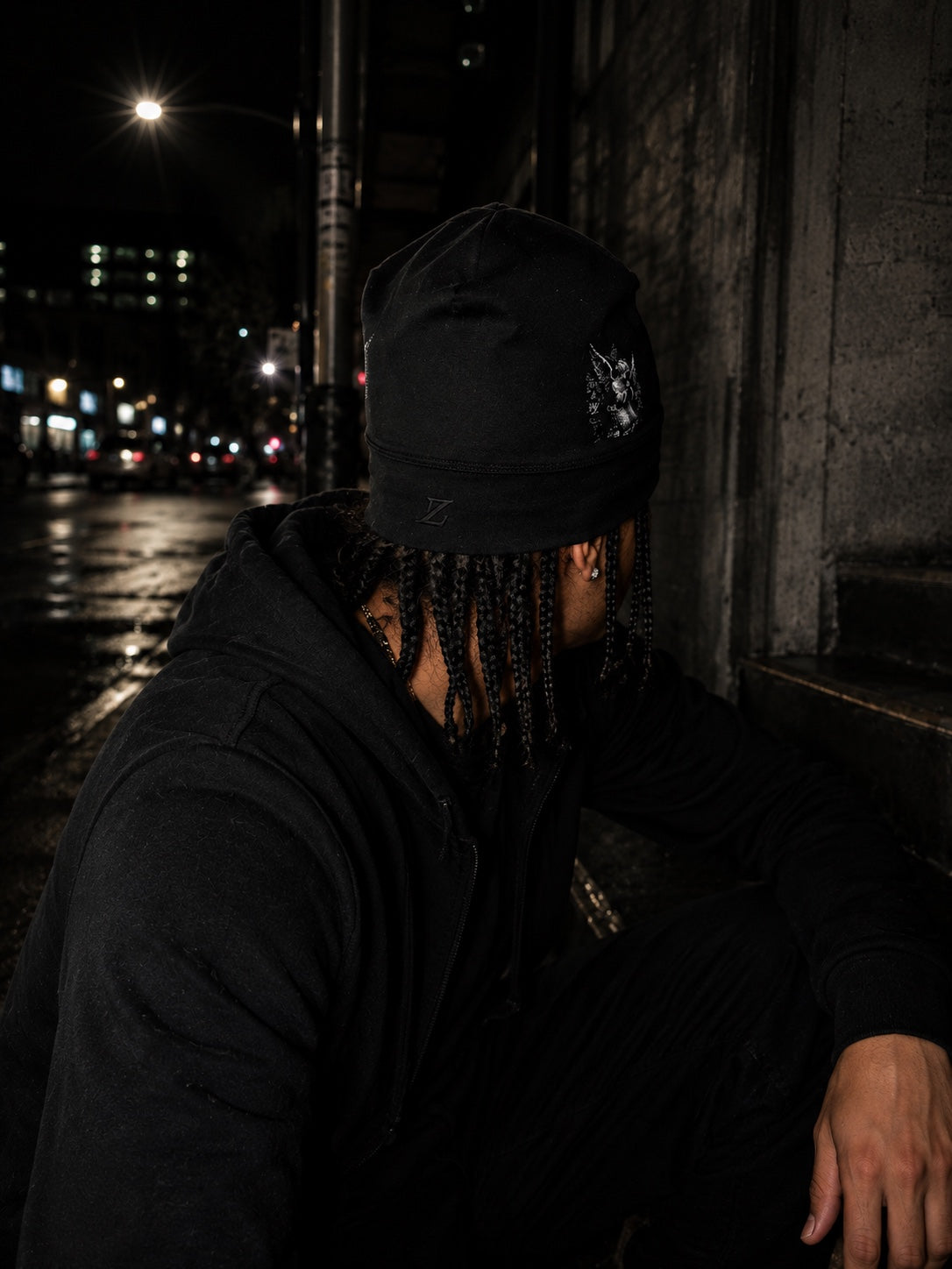 Model wearing the BLESSED Skull Cap, side and back detail