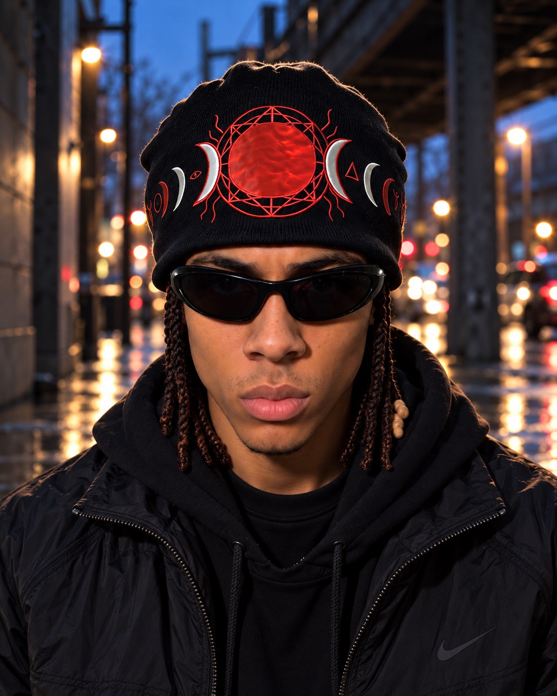Model wearing the MOON Beanie, front view