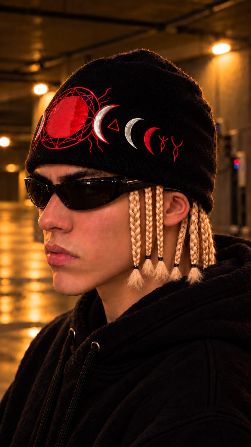 Model wearing the MOON Beanie, left profile