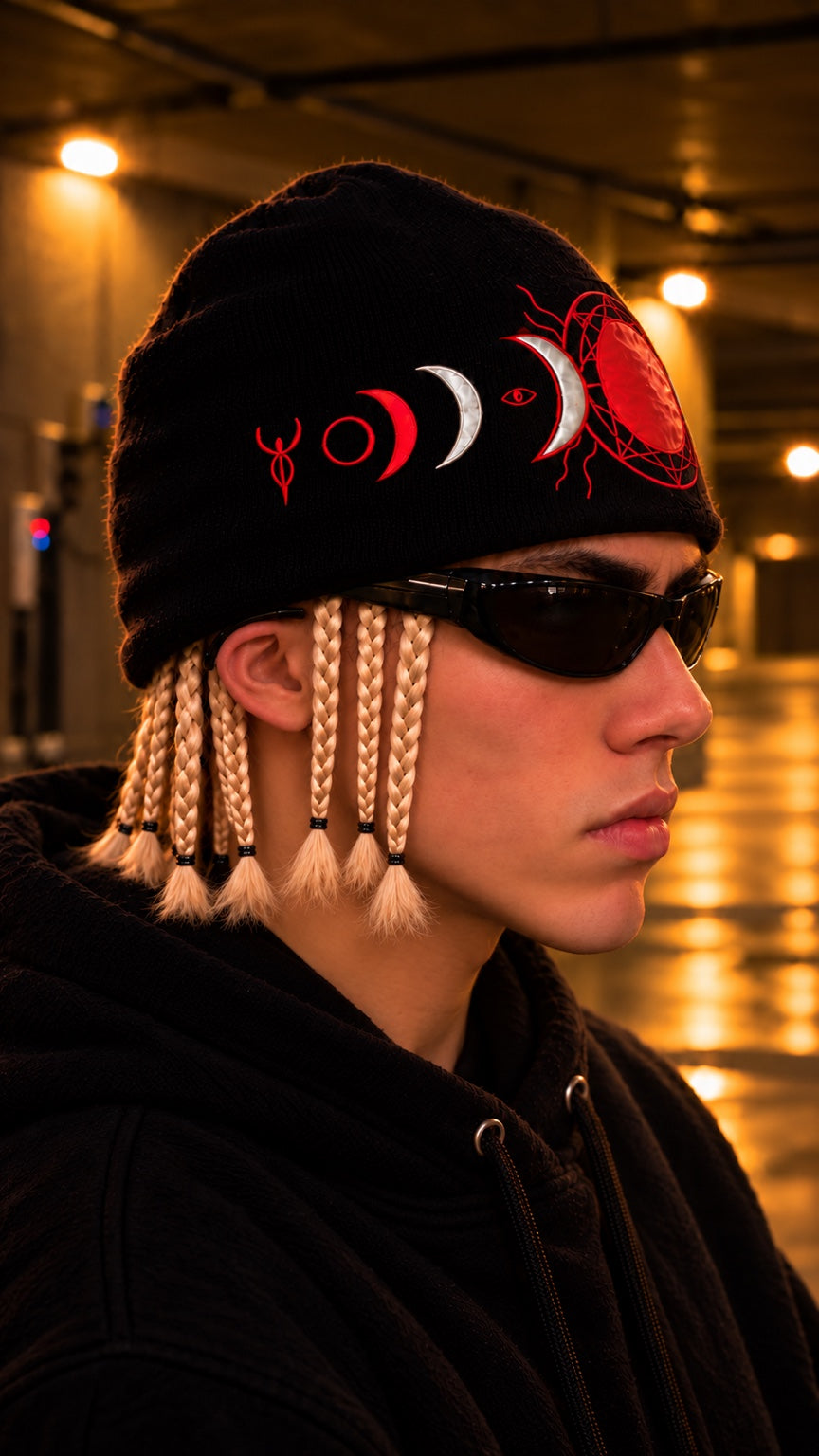 Model wearing the MOON Beanie, right profile